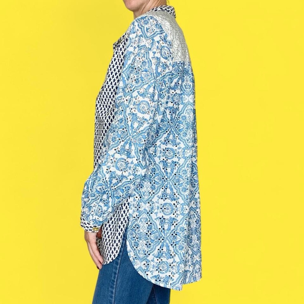 Soft Surroundings Blue & White Linen Eyelet Floral Embroidered Shirt - Picture 3 of 8